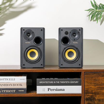 Roxel Soleil aktiivsed riiulikõlarid HiFi-le, subwooferi väljund, 2.0 stereoheli, juhtmevaba BT 5.3, optiline, RCA, USB, HDMI (ARC), sisseehitatud võimendi, reguleeritavad bassid/kõrged sagedused, 3-meetrine kõlarikaabel