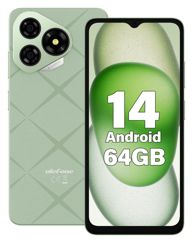 Ulefone Note 19 nutitelefon ilma lepinguta, 6GB+64GB/512GB TF mobiiltelefon odav, 6.56" HD+ Octa Core, Android 14 nutitelefon, 5000mAh aku, 8MP kaamera, SIM-kaardita mobiiltelefon, 4G kahe SIM-kaardiga/Face ID/GPS - roheline