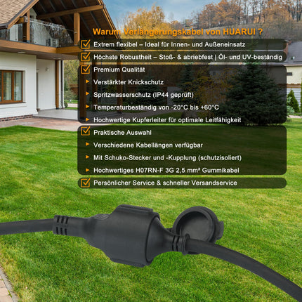 HUARUI välistingimustes kasutatav pikenduskaabel 3m kaitsekorgiga H07RN-F 3G 2.5 mm², kummist toitekaabli pikendus Schuko pistikuga välistingimustes kasutamiseks IP44, välistingimustes kasutatav elektrikaabel, 3500W, 16A 250V, must