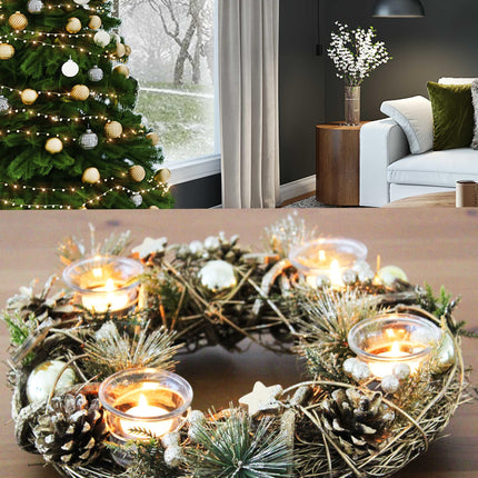 KAMACA XL Christmas wreath decorative wreath made of solid wooden branches with decoration such as fir branches and 4 glass candle holders Advent Christmas decoration table (XL Advent wreath gold 34 x 34 x 8 cm)