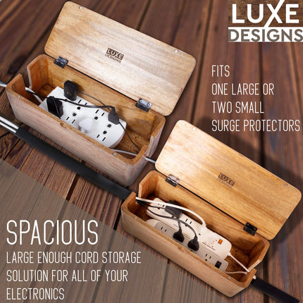 Cable Management Box &amp; Cord Organizer for Desk, Home, Office, Hides Cables, Surge Protector, Power Strip. Eco-Friendly Mango Wood Cable Management Solution (Natural)