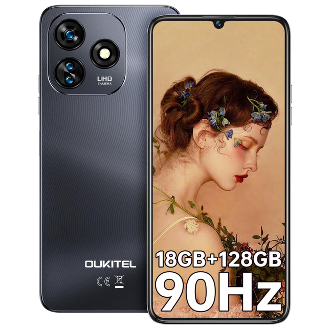 OUKITEL C51 lukustamata mobiiltelefon, 18GB(6+12)+128GB nutitelefon 6.8-tolline, Android 14 5150mAh aku, 13MP+5MP kaamera, näotuvastus ja sõrmejäljelugeja, GPS, kahe SIM-kaardiga 4G SIM-kaardivabad mobiiltelefonid, must