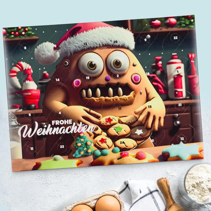 Kaffeehaus Diamant Monster küpsiste küpsetamise advendikalender 2024, 140g, 24 uksega, mis on täis küpsetusaineid ja küpsetustarvikuid koos vaniljesuhkru, toiduvärvi, suhkrupuru, sidrunimaitse ja küpsisevormidega.