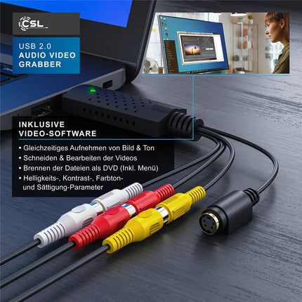 CSL - USB 2.0 Audio Video Grabber - Uus tarkvara, Windows 11-ga ühilduv - VHS - videoadapter monteerimiseks ja järeltöötluseks - kullatud kontaktid