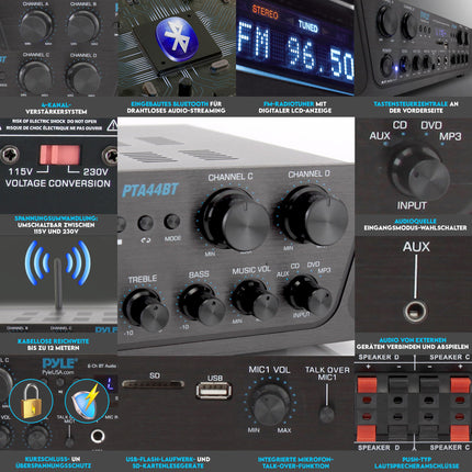 Pyle 500W Bluetooth Amplifier, Mini Amplifier, Amplifier, Stereo Receiver, 4 Channel AUX, FM Radio, RCA Subwoofer, USB, Mic Input with Echo, Audio Amplifier, Perfect for Home Theater &amp; Studio