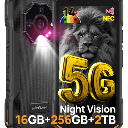 Ulefone Armor X32 Pro 5G õuemobiiltelefon 2025, 16GB+256GB/SD-2TB, 64MP+16MP+25MP öise nägemisega, kaheksanurkse kupliga disainiga, 5500mAh, 5.65” Android 14 Mobiiltelefonid 3 pesa/Face ID/GPS/OTG/NFC Oranž
