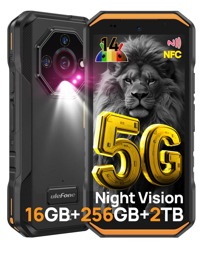 Ulefone Armor X32 Pro 5G õuemobiiltelefon 2025, 16GB+256GB/SD-2TB, 64MP+16MP+25MP öise nägemisega, kaheksanurkse kupliga disainiga, 5500mAh, 5.65” Android 14 Mobiiltelefonid 3 pesa/Face ID/GPS/OTG/NFC Oranž
