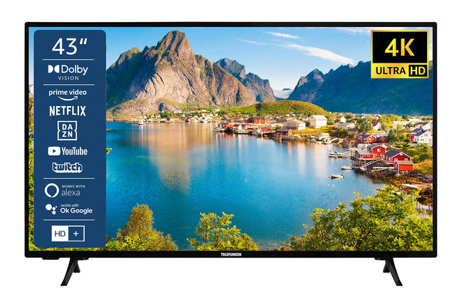 TELEFUNKEN XU43SN550S 43-tolline televiisor/nutiteler (4K Ultra HD, HDR, kolmekordne tuuner, Dolby Atmos) – sisaldab 6 kuud HD+ [2023], must