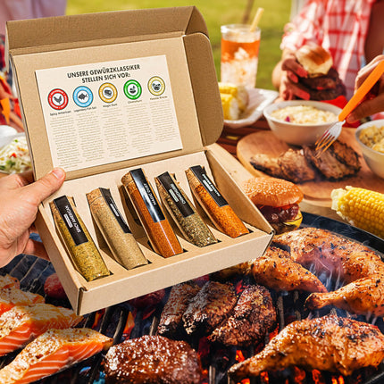 Kvaliteetne BBQ-vürtside komplekt, 5 BBQ-gurmeevürtsi koos retseptiideedega kvaliteetses kinkekomplektis meestele ja naistele, grillihuvilistele, isadepäevakingitus, sünnipäevakingitus