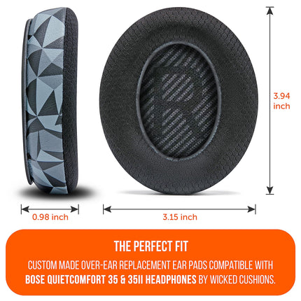 WC Freeze QC35 – Cooling Gel Ear Cushions for Bose QC35 and QC35ii (QuietComfort 35) Headphones and More | Breathable Sports Fabric, Cooling Gel, Extra Thick and Cooler for Longer | Geo Grey