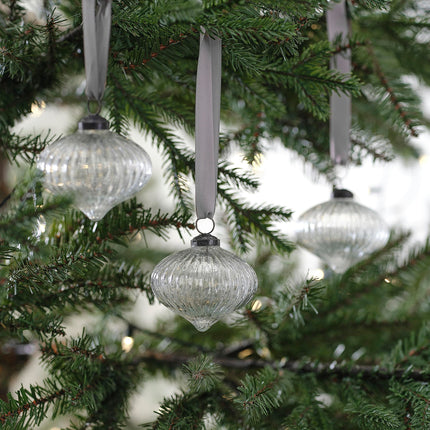 Ginger Ray Ribbed Glass Baubles, Christmas Tree Hanging Decoration with Silver Ribbon, 3 Pieces