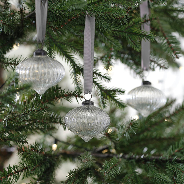 Ginger Ray Ribbed Glass Baubles, Christmas Tree Hanging Decoration with Silver Ribbon, 3 Pieces