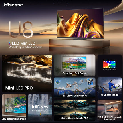Hisense 75U8NQ 189cm (75-inch) TV, 4K Mini LED ULED HDR Smart TV, Quantum Dot, 120Hz/144Hz VRR, HDMI 2.1, Game Mode Pro, 2.1.2 Channel Sound, Dolby Vision IQ &amp; Atmos, Anthracite, [2024]