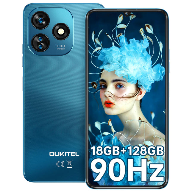 OUKITEL C51 nutitelefon, 18 GB (6+12) + 128 GB mobiiltelefon 6,8 tolli, Android 14 5150 mAh aku, 13 MP + 5 MP kaamera, näotuvastus ja sõrmejäljelugeja, GPS, kahe SIM-kaardiga 4G lukustamata mobiiltelefonid, sinine