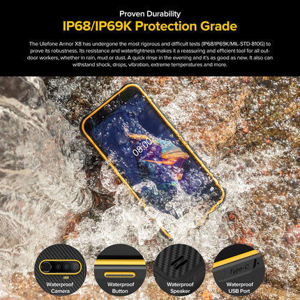 Ulefone Armor X8 Outdoor Smartphone without Contract, 4GB+64GB, 256GB External SD, Android 10 Mobile Phone IP68 Waterproof, 13MP Triple Camera Underwater, 5080mAh Battery, NFC Fingerprint, 5.7'' HD+ Black
