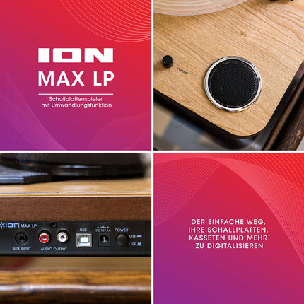 ION Audio Max LP - Vinyl Record Player Bluetooth with Built-in Speakers and USB, Wood Color