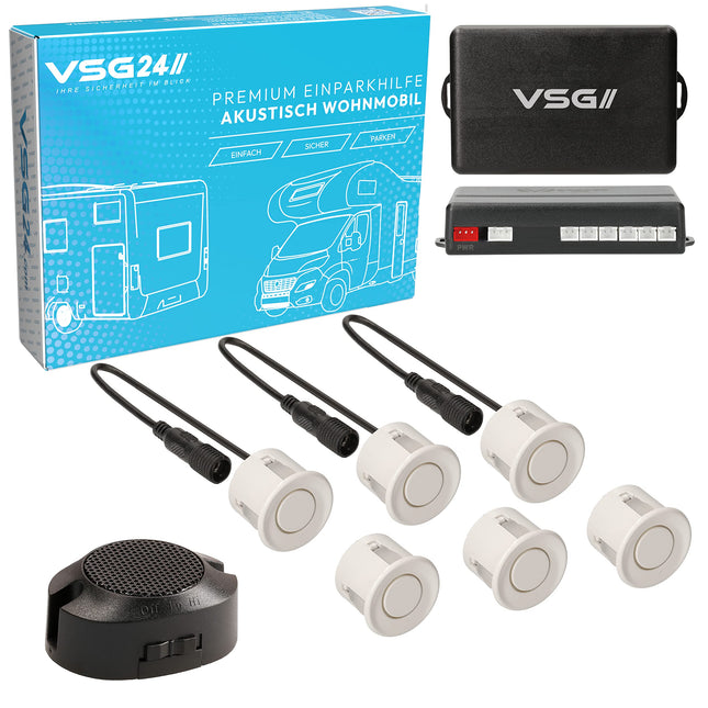 VSG24 Premium rear parking aid for retrofitting on a motorhome, PDC parking sensors rear with plug-in system for easy installation, reversing alarm with loudspeaker &amp; 6 sensors, parking aid retrofit kit white