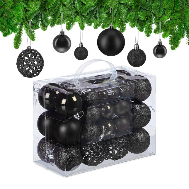 Relaxdays jõuluehtekomplekt 50 tk, sädelevad, matid ja läikivad jõuluehted, plastist, läbimõõt 3, 4 ja 6 cm, must