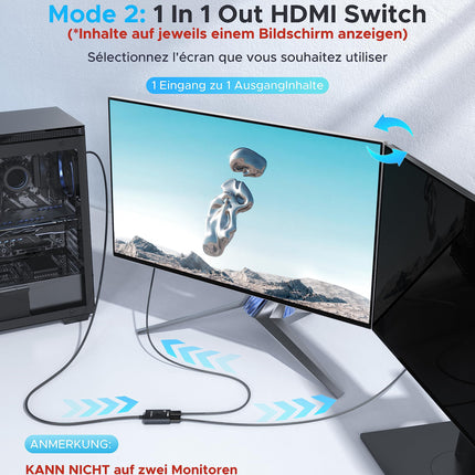 HDMI-lüliti 4K@60Hz, WARRKY HDMI-jaotur 2 sisendit 1 väljund (1 ekraan korraga)【3,3 jala punutud kaabel, alumiiniumkorpus, HDCP 2.2】 2-1-lüliti toetab UHD-d PS5/4 jaoks - must
