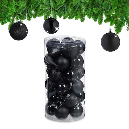 Relaxdays Christmas balls, set of 30, plastic, diameter 6 cm, round Christmas tree decoration, shatter-proof, black