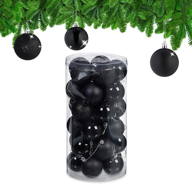 Relaxdays Christmas balls, set of 30, plastic, diameter 6 cm, round Christmas tree decoration, shatter-proof, black