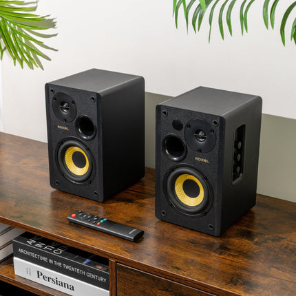 Roxel Soleil aktiivsed riiulikõlarid HiFi-le, subwooferi väljund, 2.0 stereoheli, juhtmevaba BT 5.3, optiline, RCA, USB, HDMI (ARC), sisseehitatud võimendi, reguleeritavad bassid/kõrged sagedused, 3-meetrine kõlarikaabel