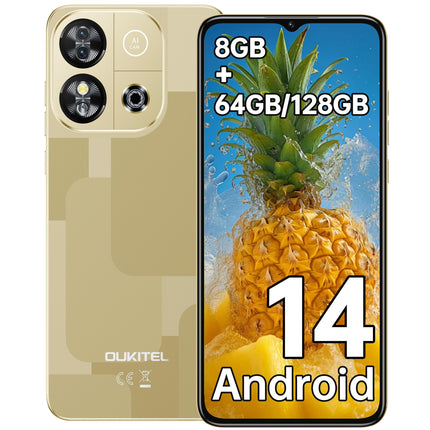 OUKITEL C57S Android 14 nutitelefon ilma lepinguta 4G, 8GB+64GB/128GB mobiiltelefon odav, kaheksatuumaline, 6,52-tolline HD+, 4300mAh mobiiltelefon ilma lepinguta, 4G kolmekordne SLM SIM-kaardivaba mobiiltelefon - kuldne