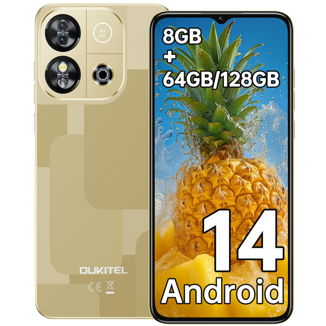 OUKITEL C57S Android 14 nutitelefon ilma lepinguta 4G, 8GB+64GB/128GB mobiiltelefon odav, kaheksatuumaline, 6,52-tolline HD+, 4300mAh mobiiltelefon ilma lepinguta, 4G kolmekordne SLM SIM-kaardivaba mobiiltelefon - kuldne