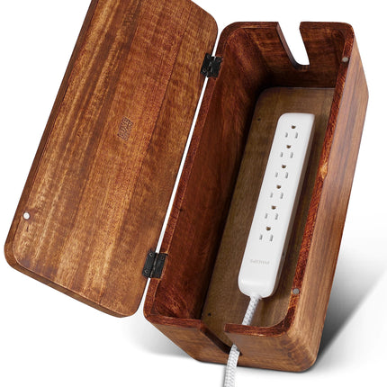 Cable Management Box &amp; Cord Organizer for Desk, Home, Office, Hides Cables, Surge Protector, Power Strip. Eco-Friendly Mango Wood Cable Management Solution (Natural)