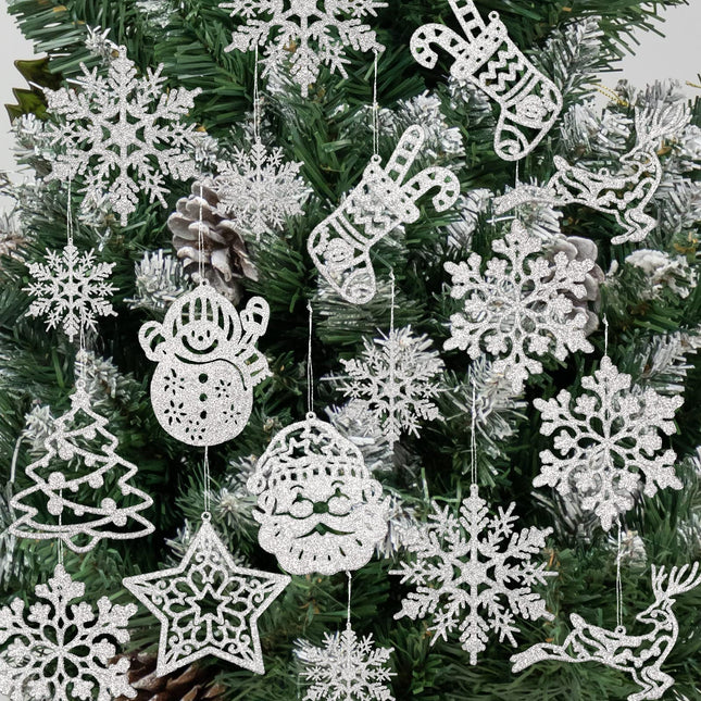 Christmas Tree Decoration Hanging Ornaments - 42 Pieces Silver Glitter Snowman Reindeer Santa Claus Snowflake Ornaments for Christmas Holiday Wonderland Party Supplies