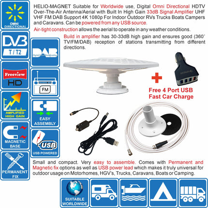 Helio-Magnet pikamaa digitaalne HD TV antenn, 360° igasuunaline, 33dB suure võimendusega võimendi UHF FM DAB. Toide 12V/24V/5V USB kaudu. Ideaalne matkaautodele, veoautodele, haagissuvilatele ja mererakendustele.