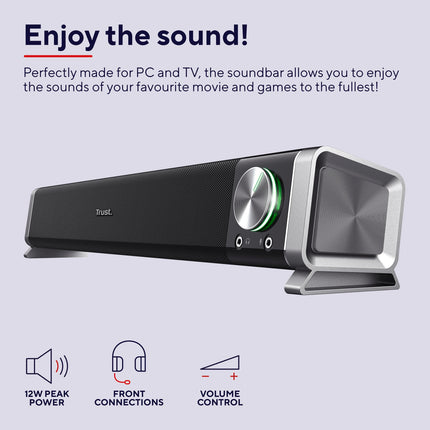 Trust Asto Soundbar 12 W peak power (6 W RMS), PC speaker, USB operation, 3.5 mm AUX connection, stereo sound system, computer speakers for PC, laptop, monitor, TV, music, audio - Black