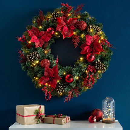 WeRChristmas Illuminated Wreath with 50 LED Lights and Timer Function, Multi-Coloured, 75 cm