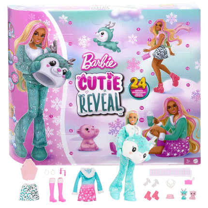 Barbie Cutie paljastab advendikalendri ja nuku, siniste ja roosade juustega, 25 üllatust, sh riided, aksessuaarid ja värvi muutvad lemmikloomad, lastele mõeldud pühademänguasi