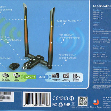ALFA Network AWUS036AC – USB adapter, antenna 5 dBi, dual band, WiFi