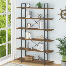 HSH 6 Shelf Tall Bookcase, Industrial Modern Large 6 Tier Bookshelf, Open Wood and Metal Display & Storage Rack, Farmhouse Bookcases and Book Shelves 6 Shelf for Bedroom Living Room Office, Rustic