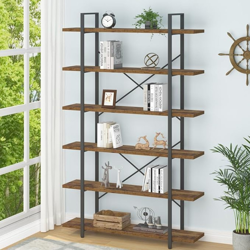 HSH 6 Shelf Tall Bookcase, Industrial Modern Large 6 Tier Bookshelf, Open Wood and Metal Display & Storage Rack, Farmhouse Bookcases and Book Shelves 6 Shelf for Bedroom Living Room Office, Rustic