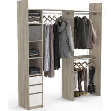 Kit Dressing Extensible D'Angle Ouvert & Modulable 3 Tiroirs 3 Barres De Penderie - Coloris Chêne & Blanc - 199.7 x 43.9 x 218.3 cm, Oak