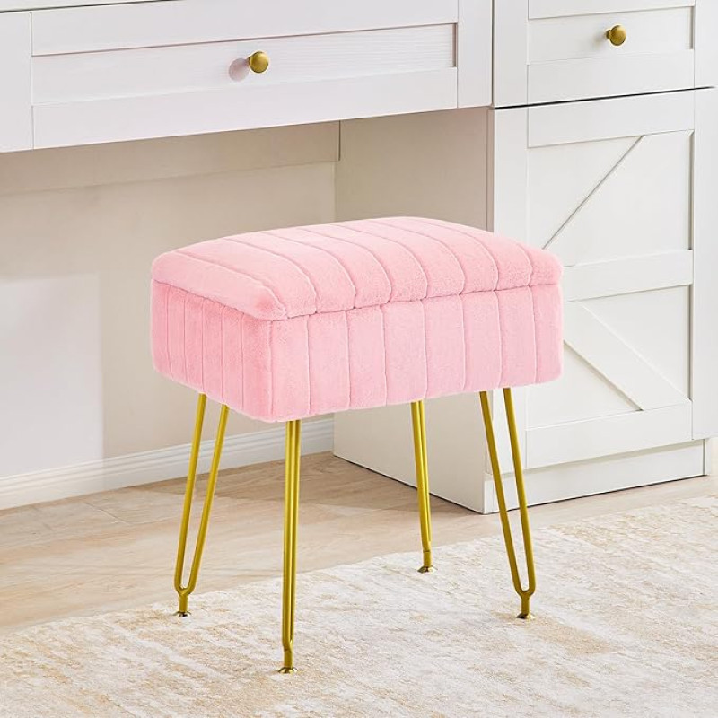 Redlife Make-Up Table Chair, Stool with Storage Space, Ottoman Footstool, Ottoman for Living Room, Faux Fur Makeup Chair with Gold Metal Legs (Pink)