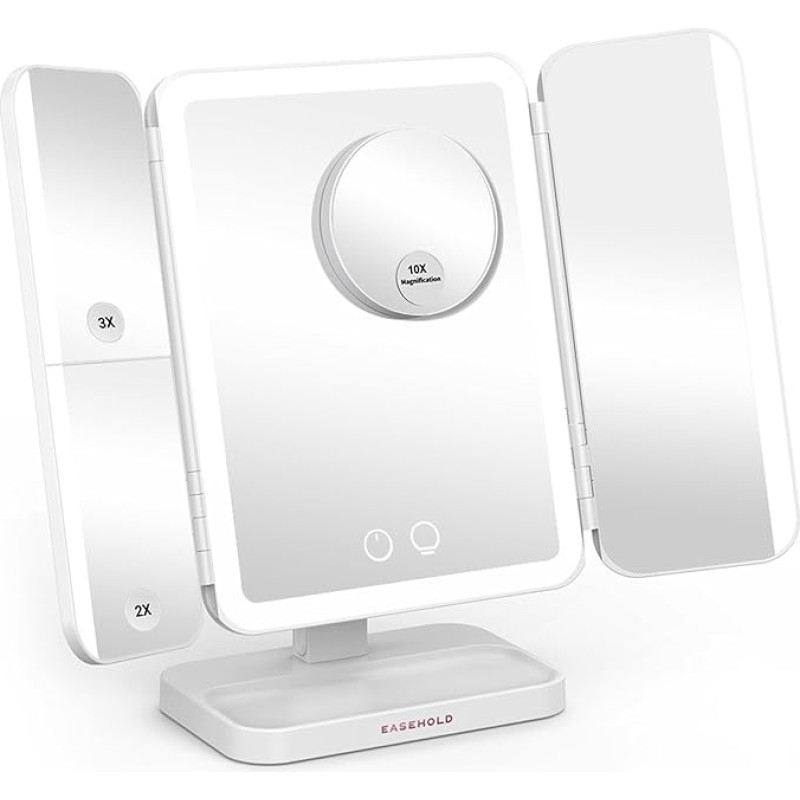EASEHOLD Illuminated Makeup Mirror with Light and Rechargeable 5000 mAh Battery, Dimmable Cosmetic Mirror with Magnification, 2/3/10x Magnification, Mirror with Light for Shaving and Face Care