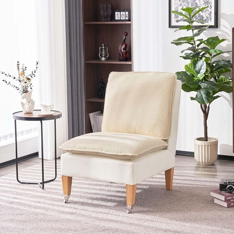 Sepnine Armless Armchair, Modern Reading Chair Made of Corduroy Velvet Lounge Chair for Bedroom with Two Wheels, Suitable for Living Room, Bedroom and Reception Area, Caramel (White)