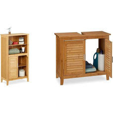 Relaxdays Lamell Bamboo Bathroom Cabinet H x W x D: Approx. 92 x 50 x 25 cm & Lamell Basin Base Cabinet Made of Bamboo H x W x D: Approx. 60 x 67 x 30 cm