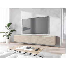 Donna TV Cabinet, Width 180 cm, TV Lowboard, Standing or Hanging, TV Cabinet for the Living Room, Laminated Chipboard, Gaja Oak with Slat Pattern, LED Lighting