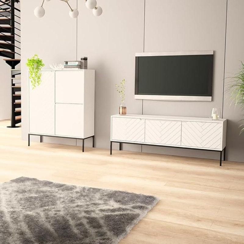 Lomadox Living Room Set 2-Piece Living Room Cabinet Living Room Furniture Living Room Cabinets Modern in Matt White with Milled Fronts