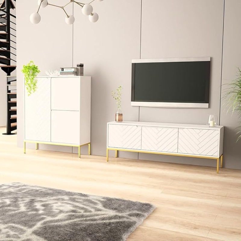 Lomadox Living Room Set 2-Piece Living Room Cabinet Living Room Furniture Living Room Cabinets Modern in Matt White with Milled Fronts