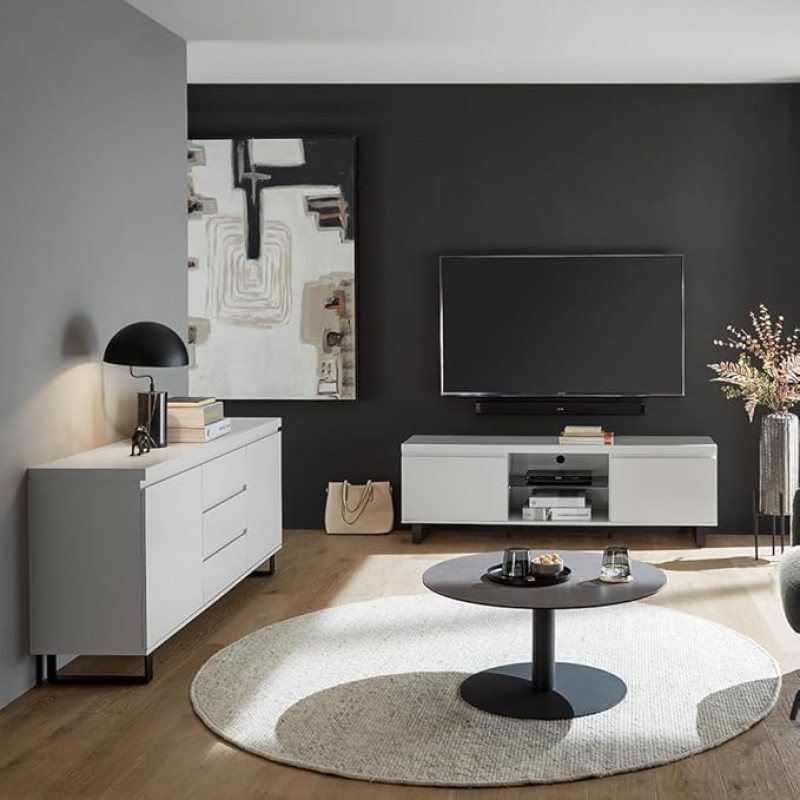 Lomadox Living Room Set in Matt White Modern Metal Runners Black with Lowboard, Sideboard, 2-Piece Set