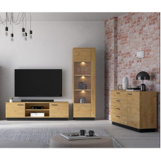 Living Room Set 3-Piece with Illuminated Display Cabinet, Lowboard and Chest of Drawers, Modern Oak Design, Black with Soft Close