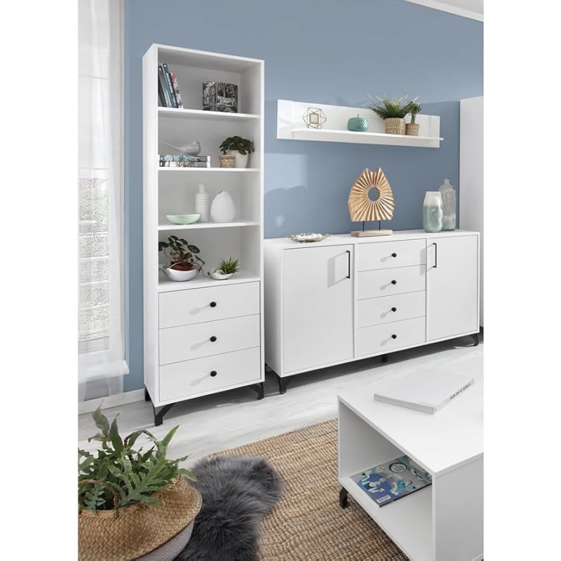 Living Room Set Modern White with Gloss Coffee Table Bookcase Shelf Wall Shelf Sideboard Sideboard Chest of Drawers