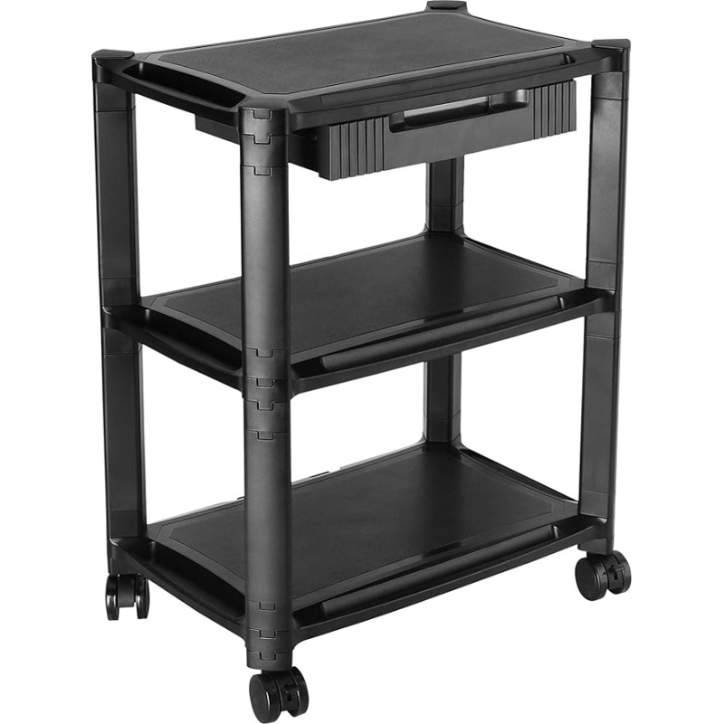 RICOO Office Trolley On Wheels WM5-L Universal Mobile Rolling Container With Drawer Stackable Wheeled Storage Rack Printer Stand Scanner Smart Utility Cart 3 Tier Plastic Black