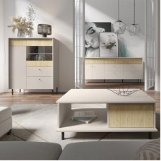 Lomadox Living Room Set Beige Oak Metal Feet Modern Coffee Table Highboard Sideboard Set of 3